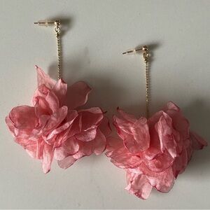 Soft Pastel Pink Fabric Petal Flower Drop Earrings Delicate Gold Chain Stud